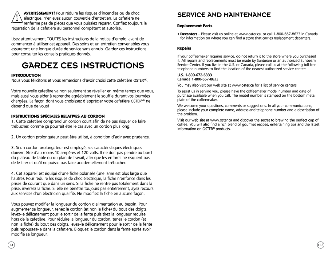 Oster Series, PSTX Gardez Ces Instructions, Service And Maintenance, Instructions Spéciales Relatives Au Cordon, Repairs 