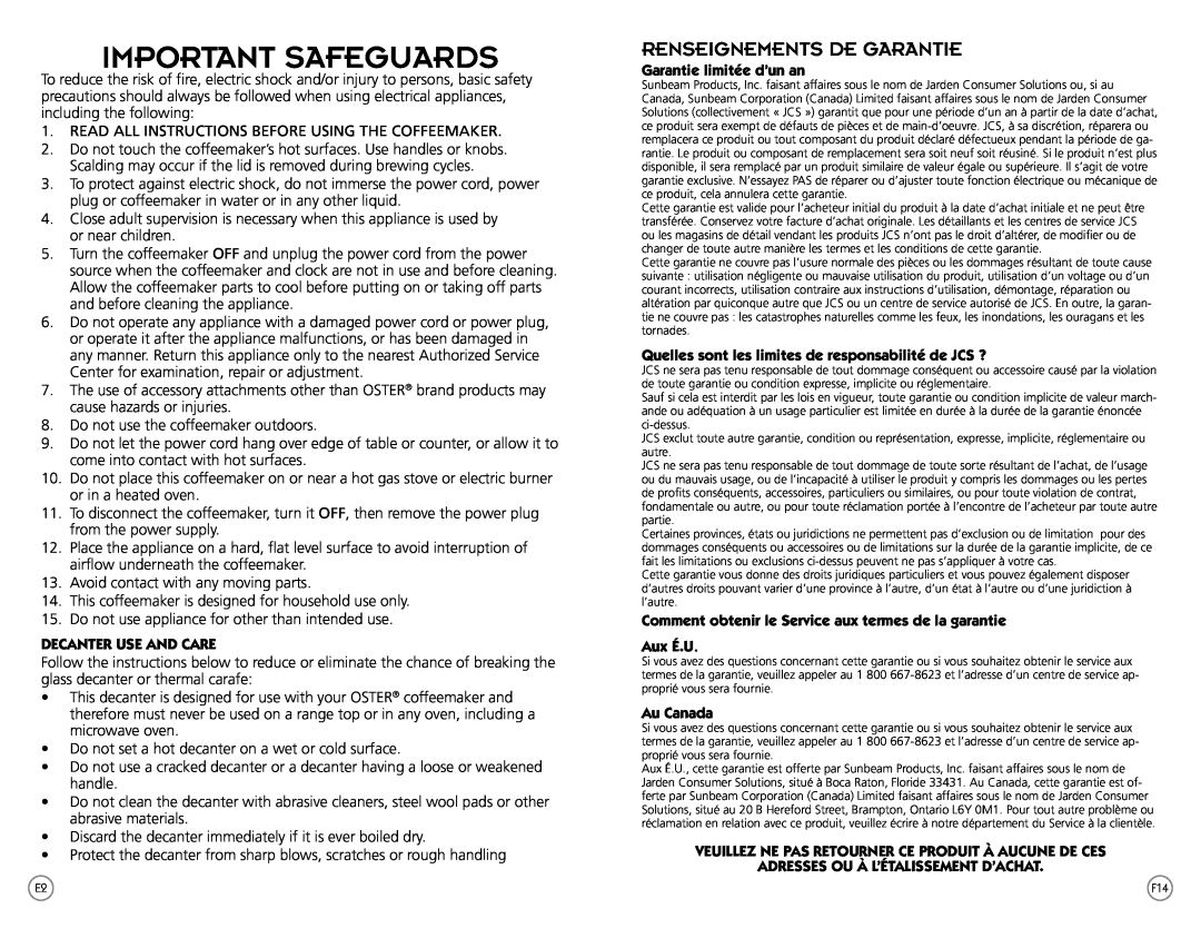 Oster PSTX Important Safeguards, Renseignements De Garantie, Decanter Use And Care, Garantie limitée d’un an, Aux É.U 