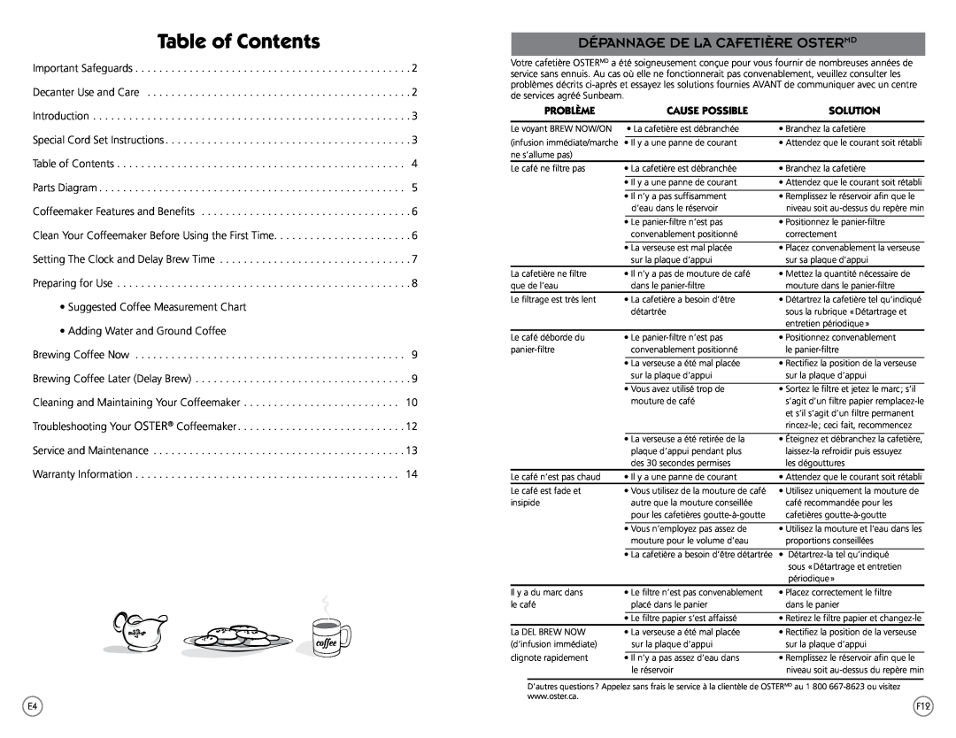 Oster PSTX Series user manual Table of Contents, Dépannage De La Cafetière Ostermd, Problème, Cause Possible, Solution 