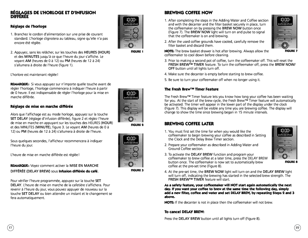 Oster PSTX Series user manual Réglages De L’Horloge Et D’Infusion Différée, Brewing Coffee Now, Brewing Coffee Later 