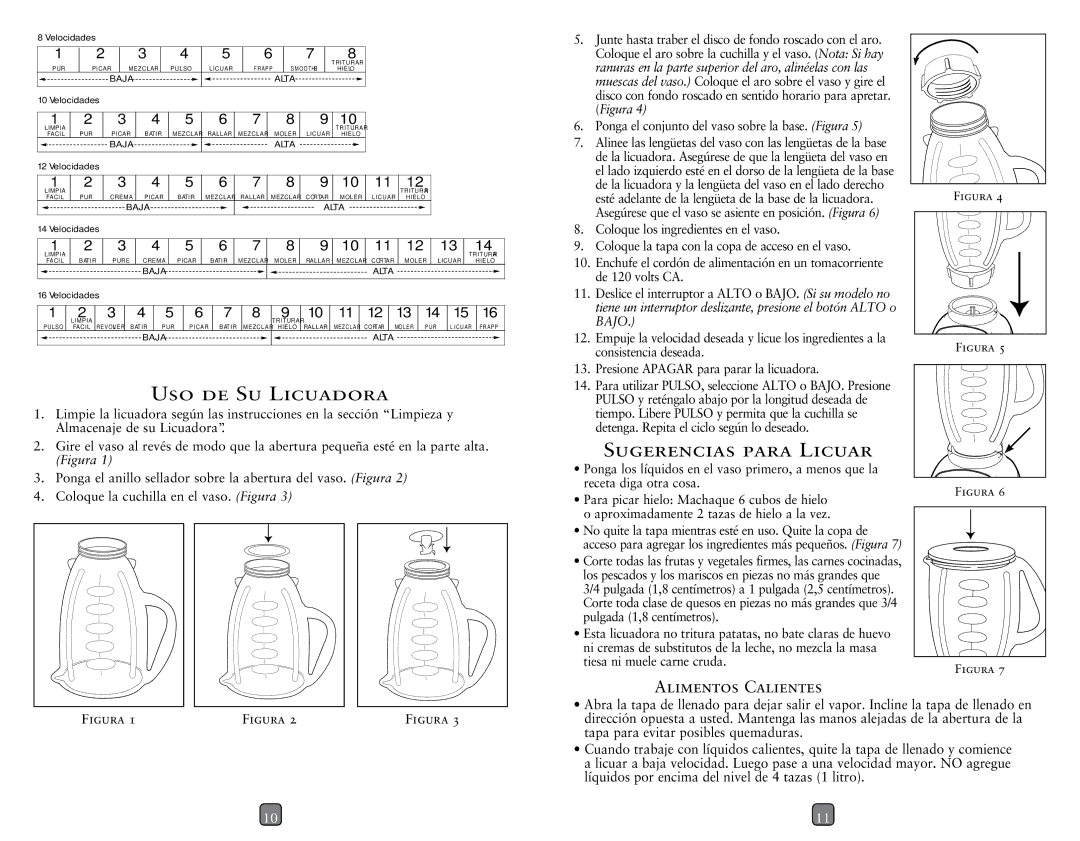 Oster Push Button Blenders, 133093-005-000 user manual USO DE SU Licuadora, Sugerencias Para Licuar, Alimentos Calientes 