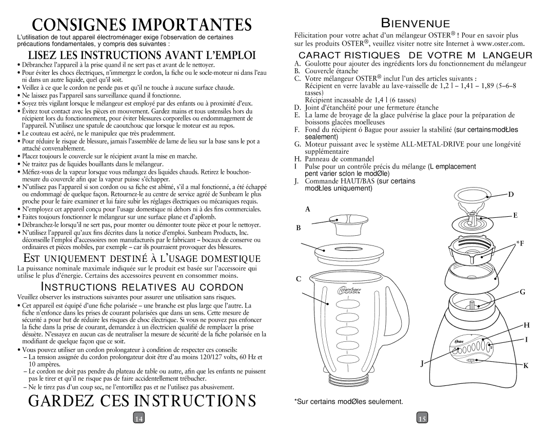 Oster Push Button Blenders Consignes Importantes, Gardez CES Instructions, Est uniquement destiné à l’usage domestique 