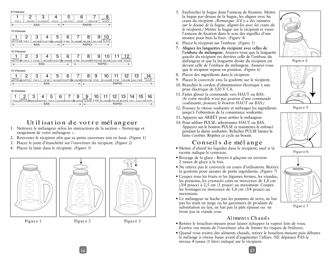 Oster 133093-005-000, Push Button Blenders user manual Utilisation DE Votre Mélangeur, Conseils DE Mélange, Aliments Chauds 