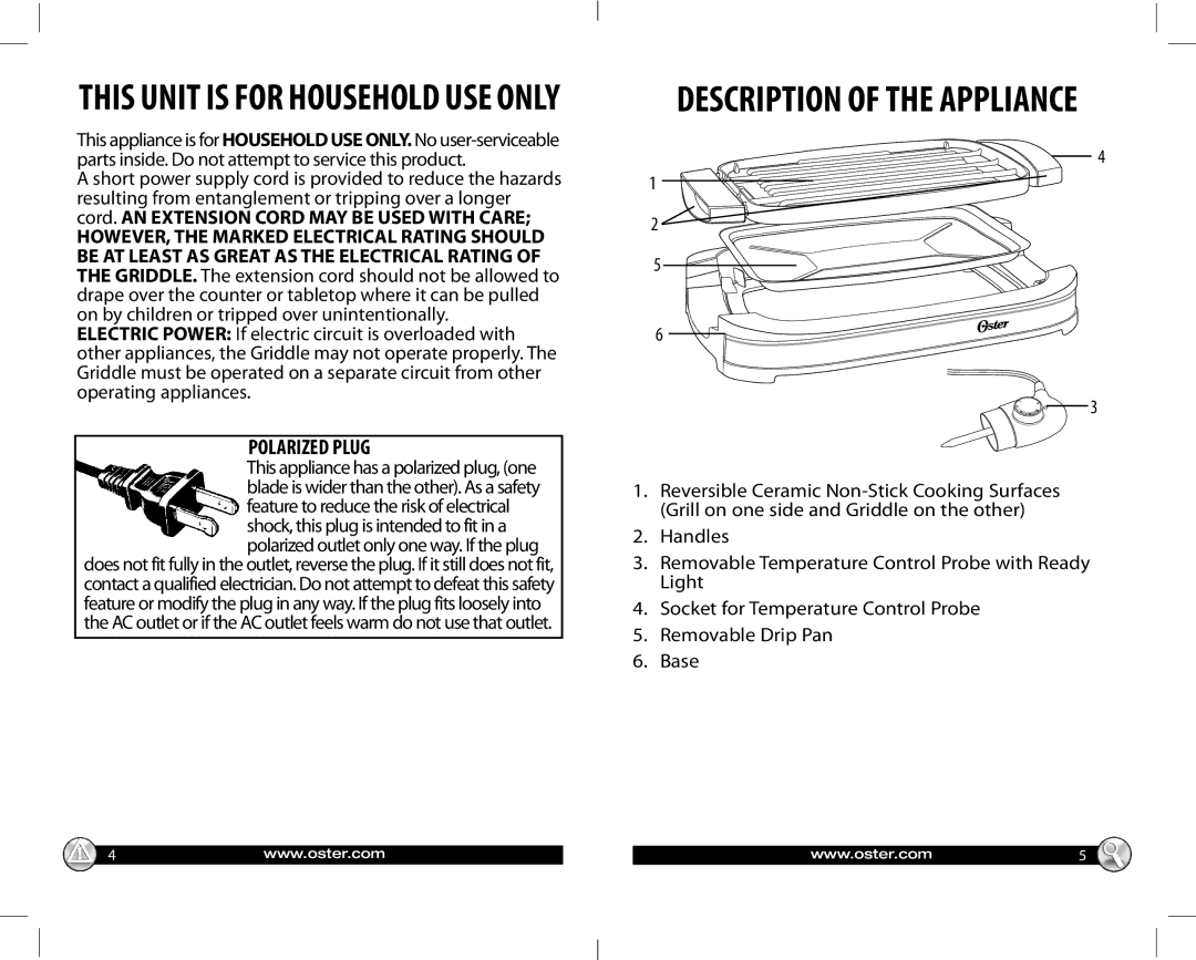 Oster CKSTGR3007-ECO, Reversible Grill/Griddle warranty Description of the Appliance 