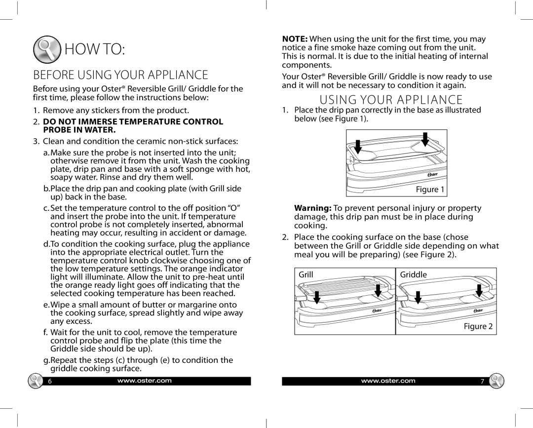 Oster Reversible Grill/Griddle warranty Before Using Your Appliance, Do not Immerse Temperature Control Probe in Water 
