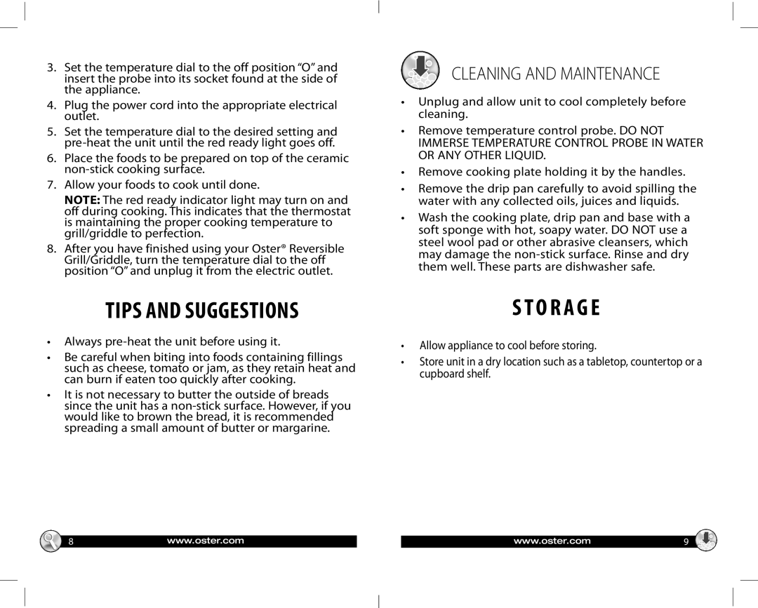Oster CKSTGR3007-ECO, Reversible Grill/Griddle warranty Tips and Suggestions, Cleaning and Maintenance 