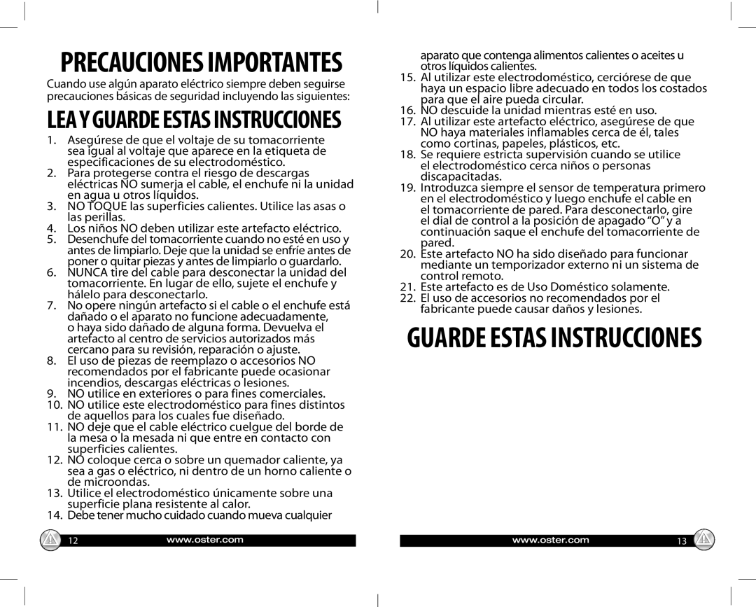 Oster CKSTGR3007-ECO, Reversible Grill/Griddle warranty Guarde Estas Instrucciones 