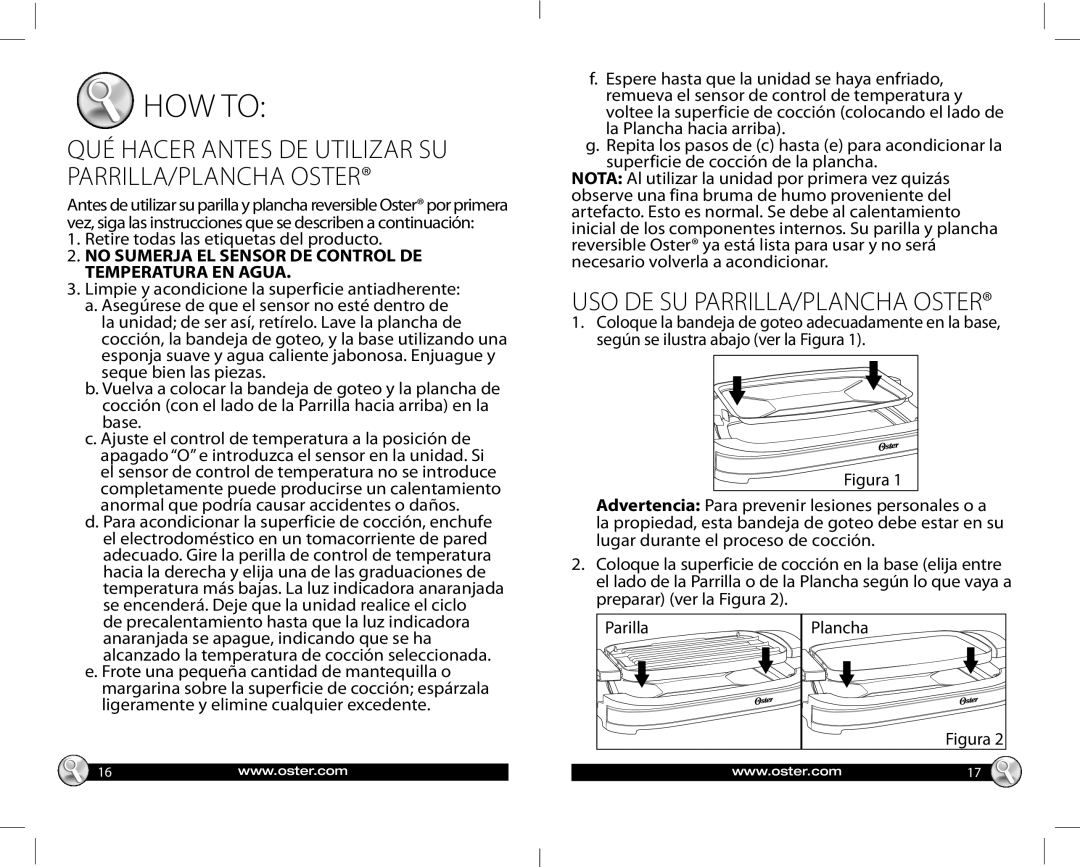 Oster CKSTGR3007-ECO, Reversible Grill/Griddle warranty QUÉ Hacer Antes DE Utilizar SU PARRILLA/PLANCHA Oster 