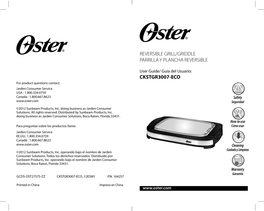Oster CKSTGR3007-ECO warranty Reversible Grill/Griddle Parrilla Y Plancha Reversible, Safety, How to use, Cleaning 