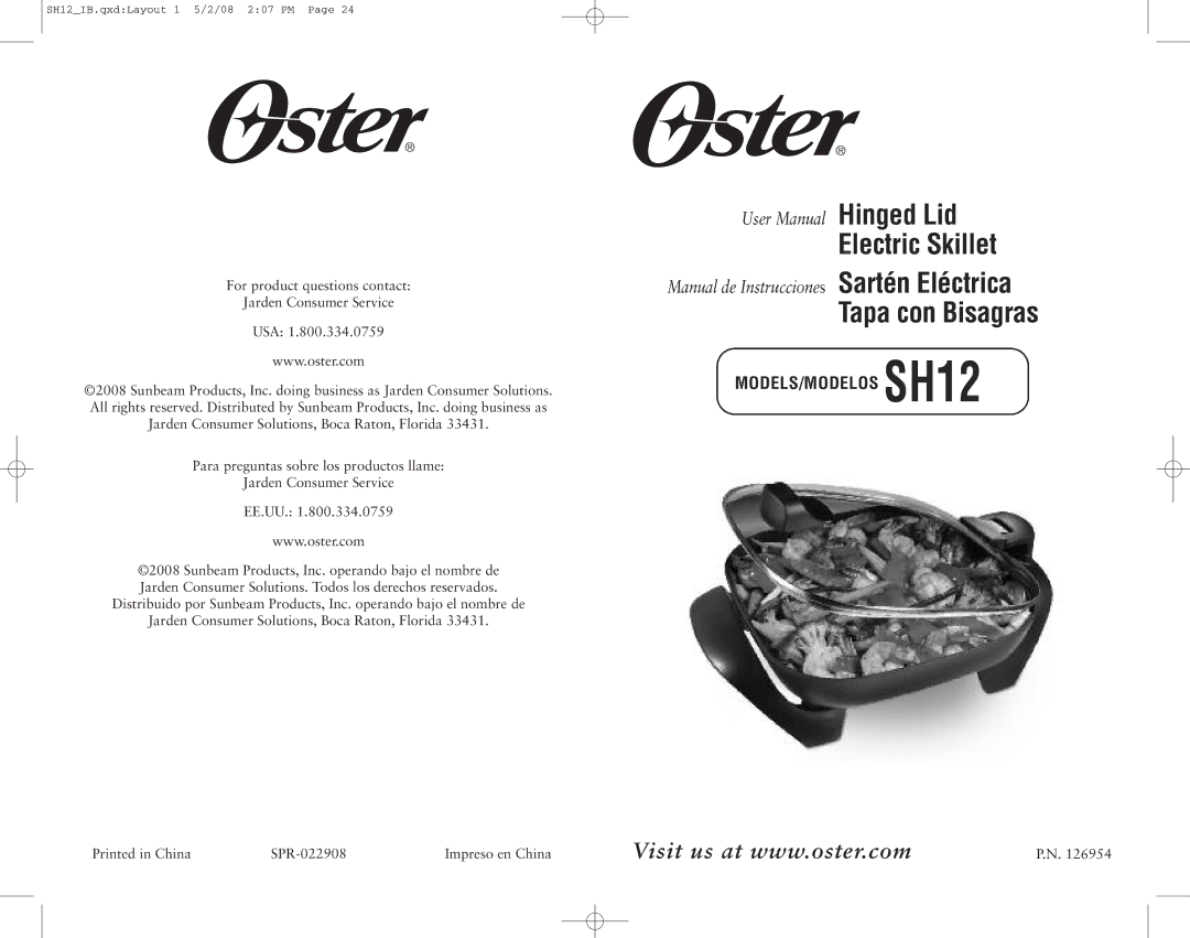 Oster 126954, SH12 user manual Electric Skillet 