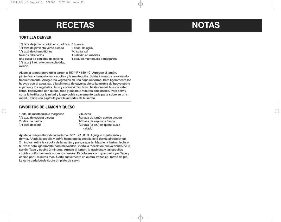 Oster SH12, 126954 user manual Recetasnotas, Tortilla Denver, Favoritos DE Jamón Y Queso 