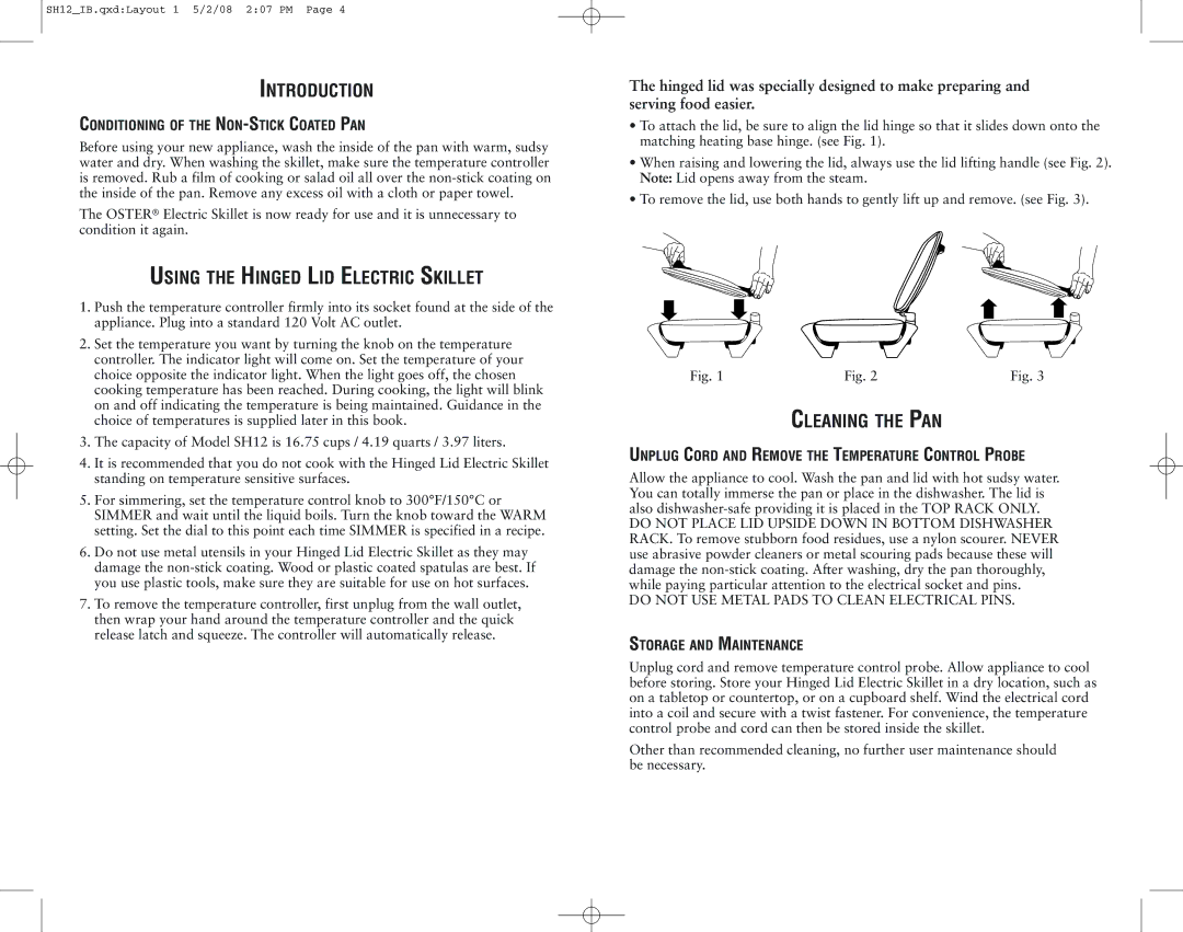 Oster 126954, SH12 user manual Introduction, Using the Hinged LID Electric Skillet, Cleaning the PAN 