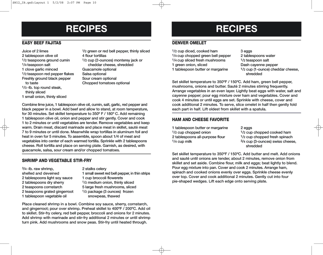 Oster SH12, 126954 user manual Easy Beef Fajitas, Shrimp and Vegetable STIR-FRY, Denver Omelet, HAM and Cheese Favorite 