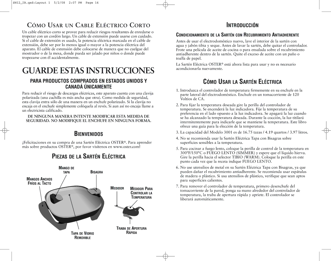 Oster SH12, 126954 user manual Bienvenidos Piezas DE LA Sartén Eléctrica, Introducción, Cómo Usar LA Sartén Eléctrica 