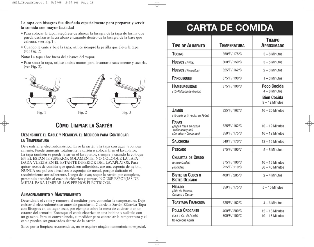 Oster 126954, SH12 user manual Carta DE Comida, Cómo Limpiar LA Sartén 