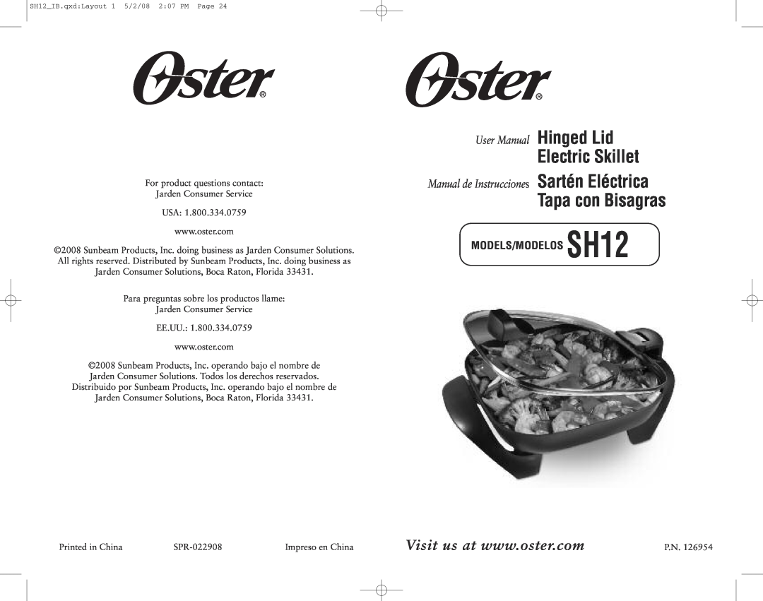 Oster 126954, SH12 user manual Electric Skillet, Tapa con Bisagras, Manual de Instrucciones Sartén Eléctrica 