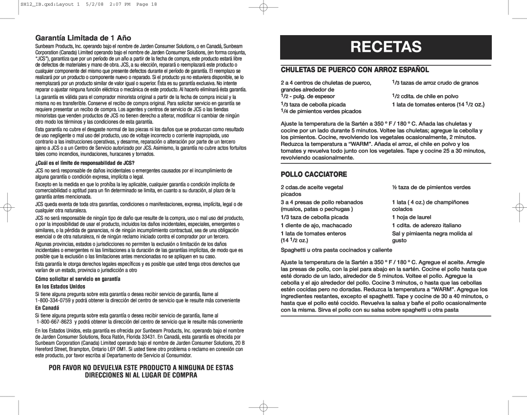 Oster SH12, 126954 Recetas, Garantía Limitada de 1 Año, Chuletas De Puerco Con Arroz Español, Pollo Cacciatore, En Canadá 