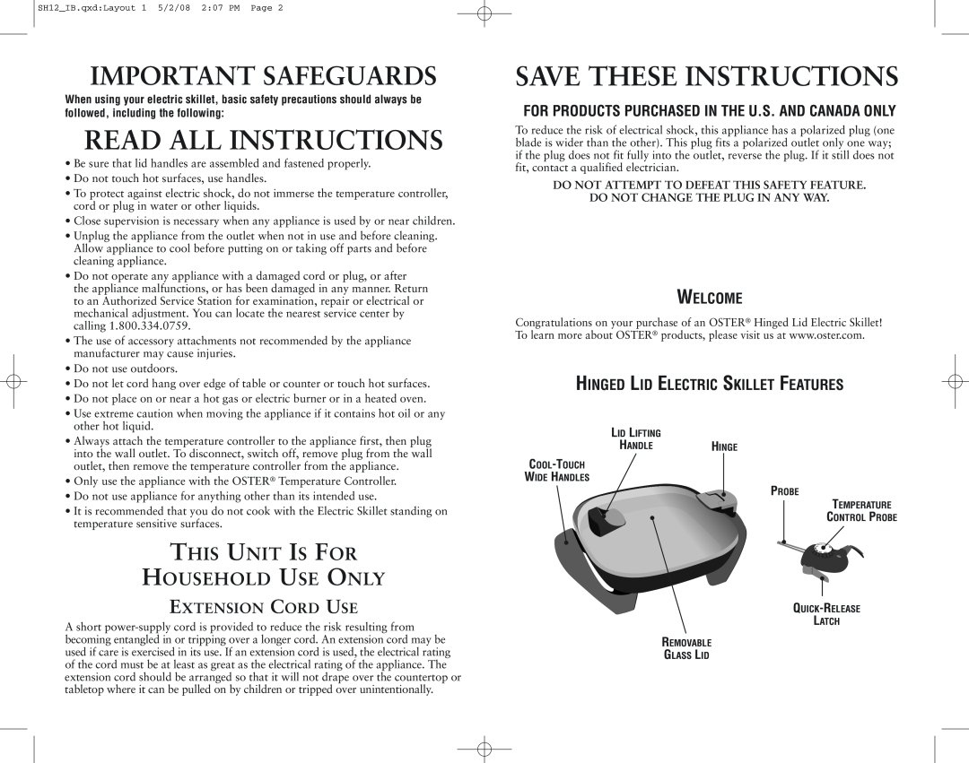 Oster SH12 Important Safeguards, This Unit Is For Household Use Only, Welcome, Hinged Lid Electric Skillet Features 