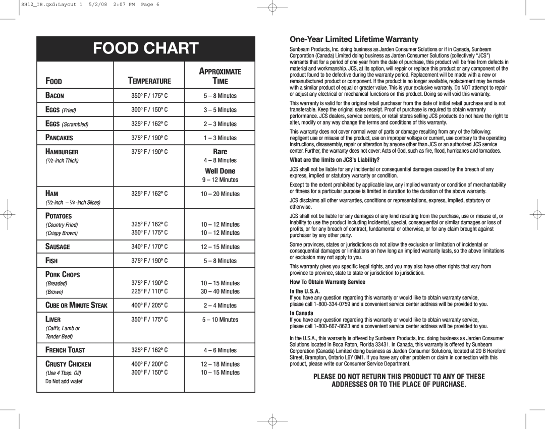 Oster SH12 Food Chart, One-YearLimited Lifetime Warranty, Temperature, Approximate, Addresses Or To The Place Of Purchase 