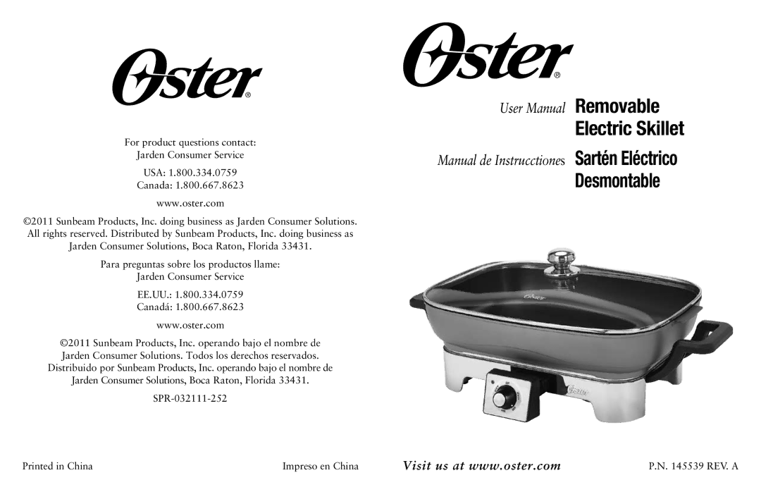 Oster Oster Removable Electric Skillet, SPR-032111-252 user manual 