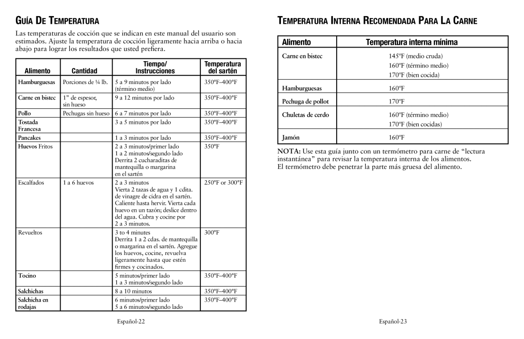 Oster SPR-032111-252, Oster Removable Electric Skillet user manual Guía De Temperatura, Instrucciones 