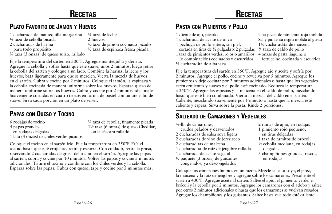 Oster SPR-032111-252 user manual Plato Favorito de Jamón y Huevos, Papas con Queso y Tocino, Pasta con Pimientos y Pollo 