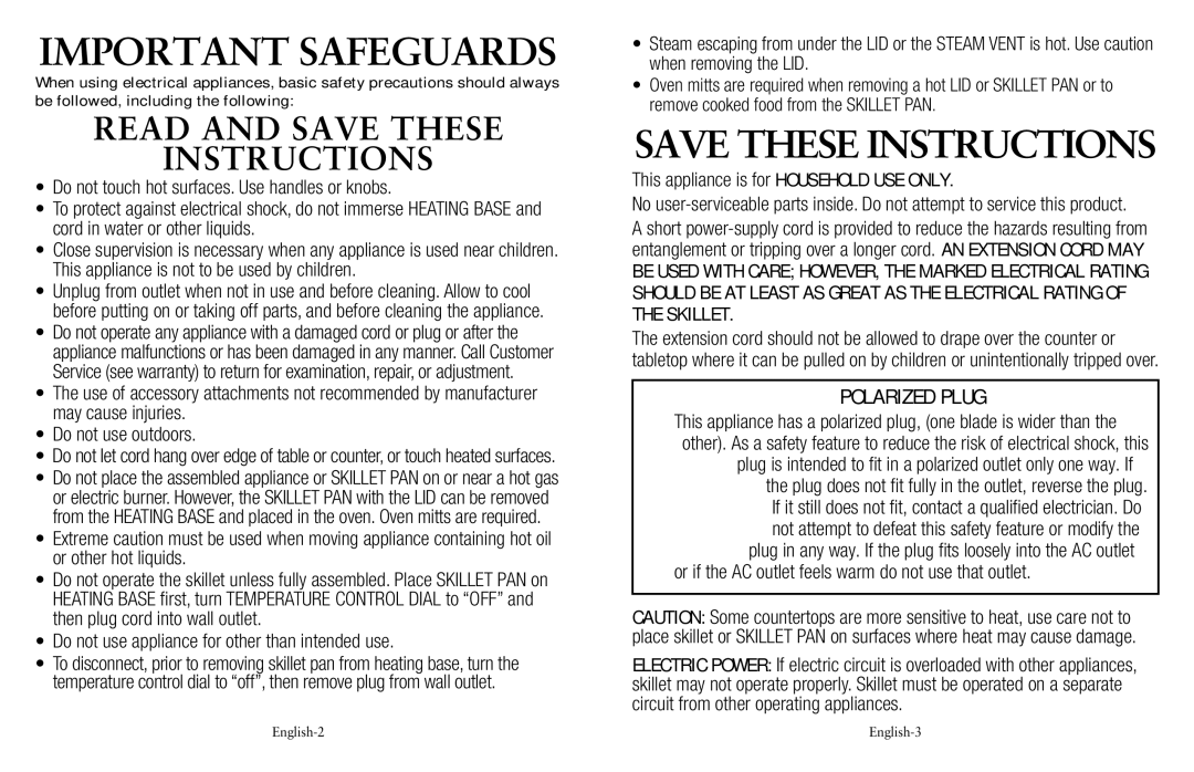 Oster SPR-032111-252, Oster Removable Electric Skillet user manual Important Safeguards 