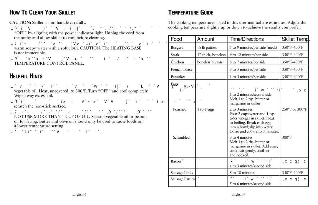 Oster SPR-032111-252 user manual How To Clean Your Skillet, Helpful Hints, Temperature Guide Food Amount Time/Directions 