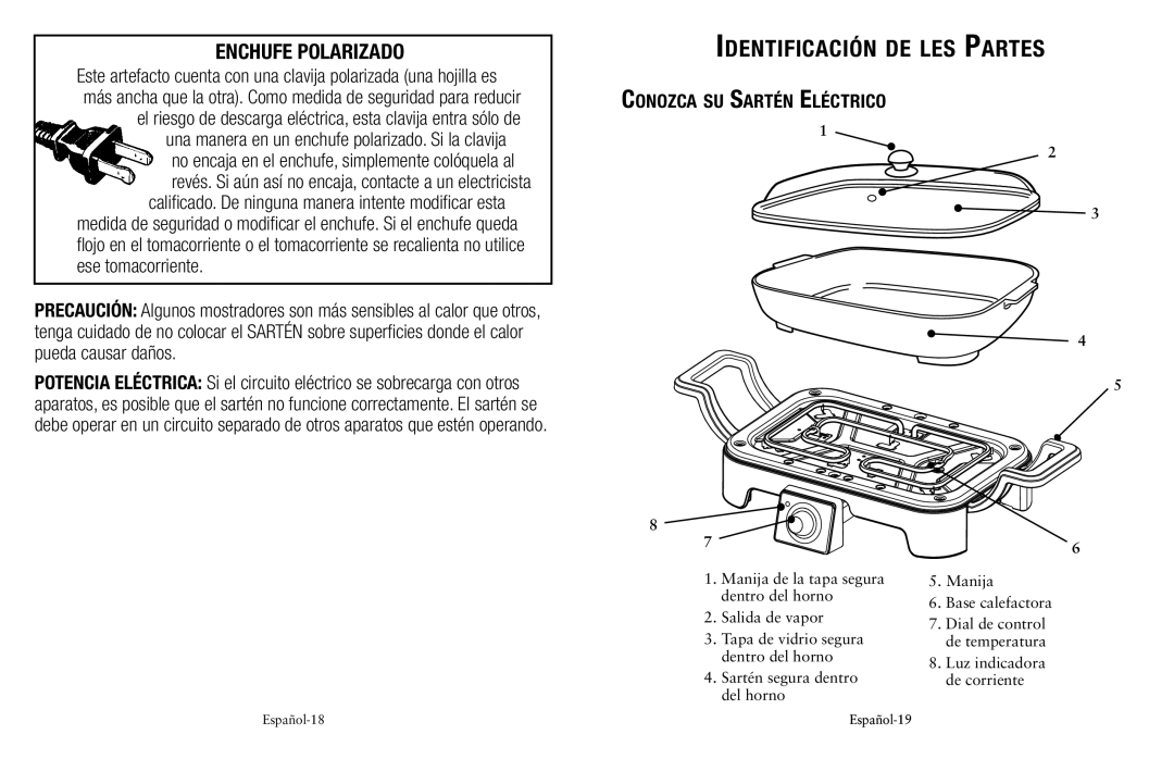 Oster SPR-041311-341 user manual Enchufe Polarizado, Conozca su Sartén Eléctrico 