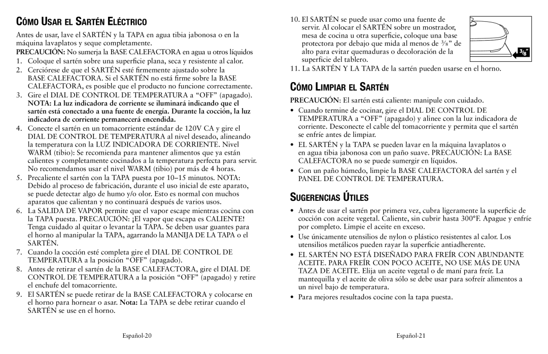 Oster SPR-041311-341 user manual Cómo Usar el Sartén Eléctrico, Cómo Limpiar el Sartén, Sugerencias Útiles 