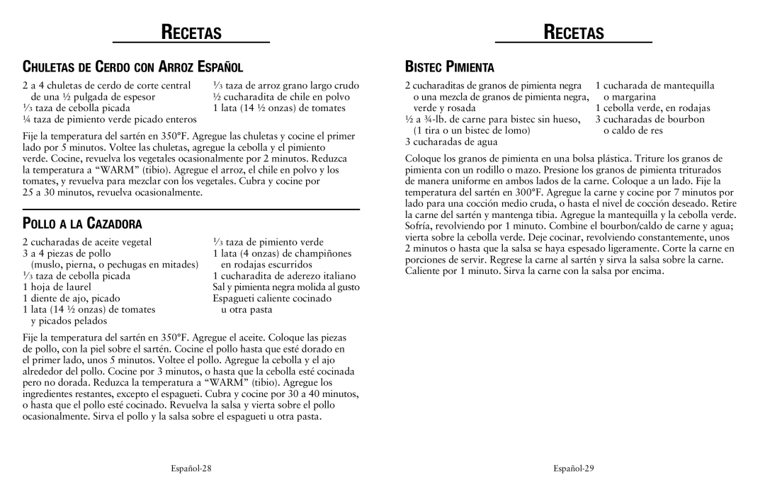 Oster SPR-041311-341 user manual Chuletas de Cerdo con Arroz Español, Pollo a la Cazadora, Bistec Pimienta 