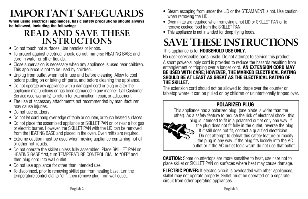 Oster SPR-041311-341 user manual Important Safeguards 