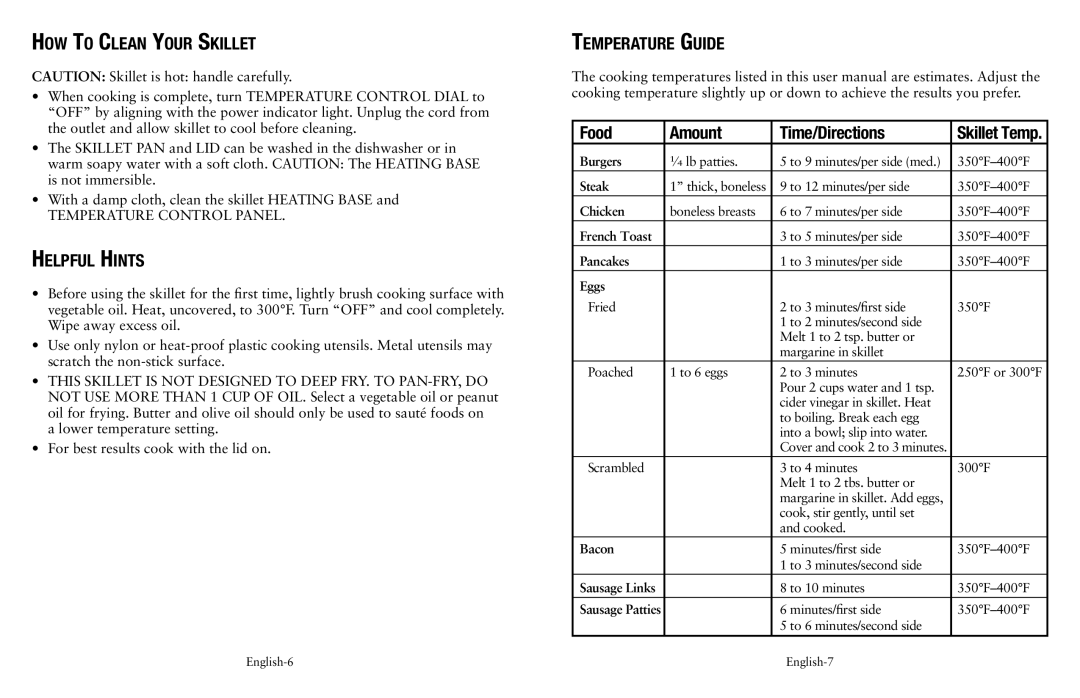 Oster SPR-041311-341 user manual How To Clean Your Skillet, Helpful Hints, Temperature Guide Food Amount Time/Directions 