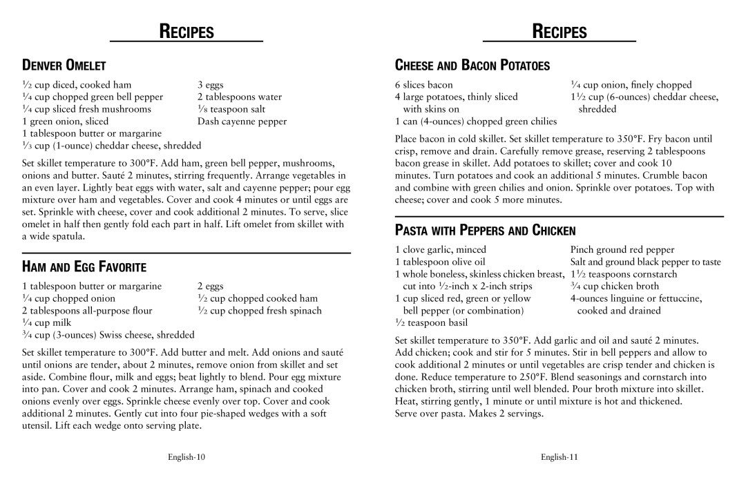 Oster SPR-041311-341 Denver Omelet, Ham and Egg Favorite, Cheese and Bacon Potatoes, Pasta with Peppers and Chicken 