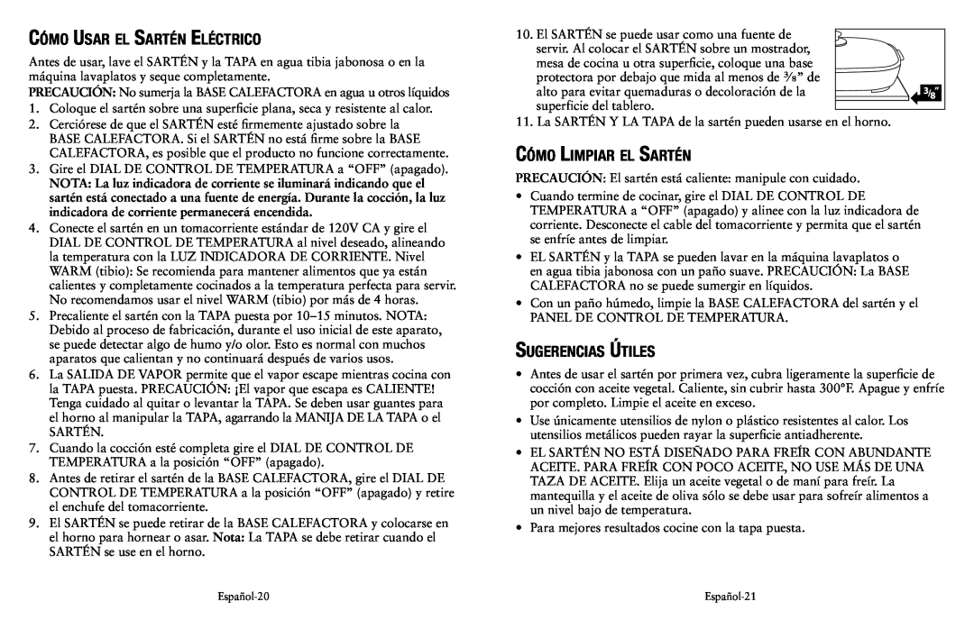 Oster SPR-041311-341 user manual Cómo Usar el Sartén Eléctrico, Cómo Limpiar el Sartén, Sugerencias Útiles 