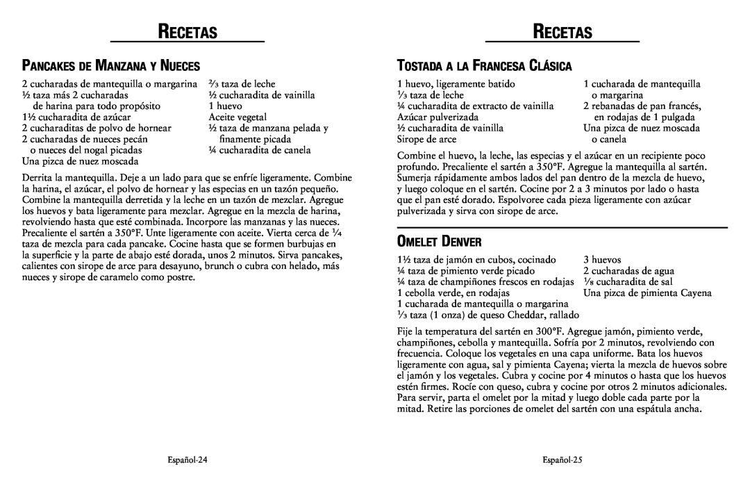 Oster SPR-041311-341 user manual Recetas, Pancakes de Manzana y Nueces, Tostada a la Francesa Clásica, Omelet Denver 
