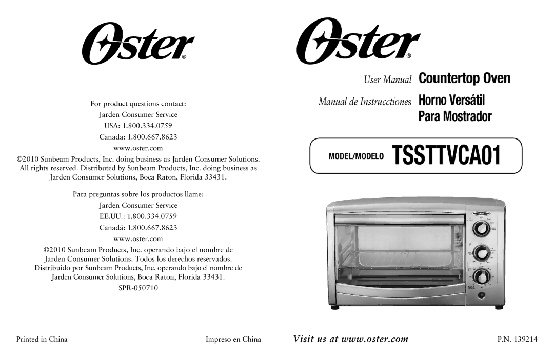 Oster TSSTTVCAO1, SPR-050710, 139214 user manual Para Mostrador 