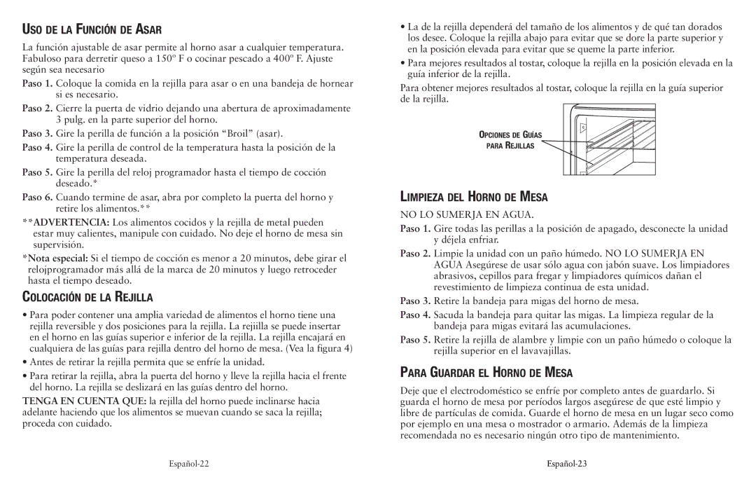 Oster SPR-050710 Uso de la Función de Asar, Colocación de la Rejilla, Limpieza del Horno de Mesa, No LO Sumerja EN Agua 