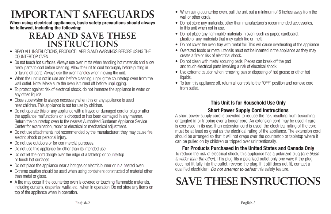 Oster 139214, SPR-050710, TSSTTVCAO1 Important Safeguards, For Products Purchased in the United States and Canada Only 