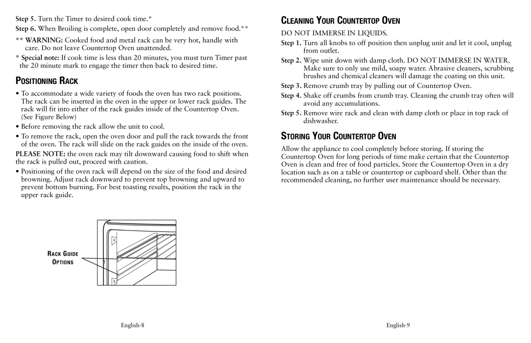 Oster 139214 Positioning Rack, Cleaning Your Countertop Oven, Storing Your Countertop Oven, Do not Immerse in Liquids 