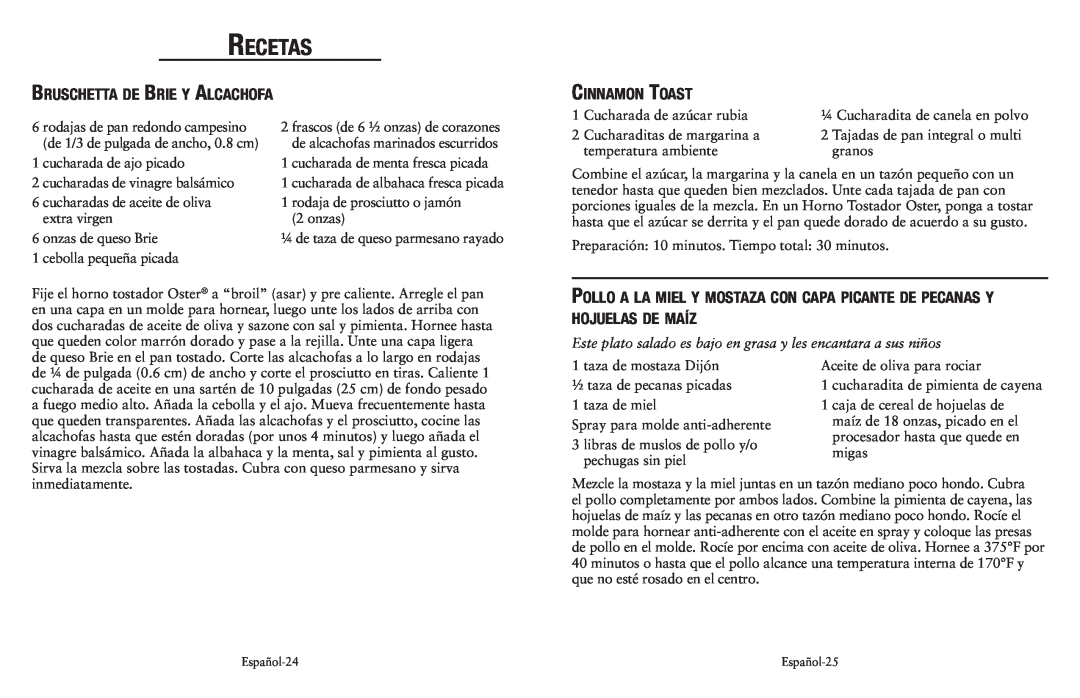 Oster TSSTTVCAO1, SPR-050710, 139214 user manual Recetas, Bruschetta de Brie y Alcachofa, Cinnamon Toast 