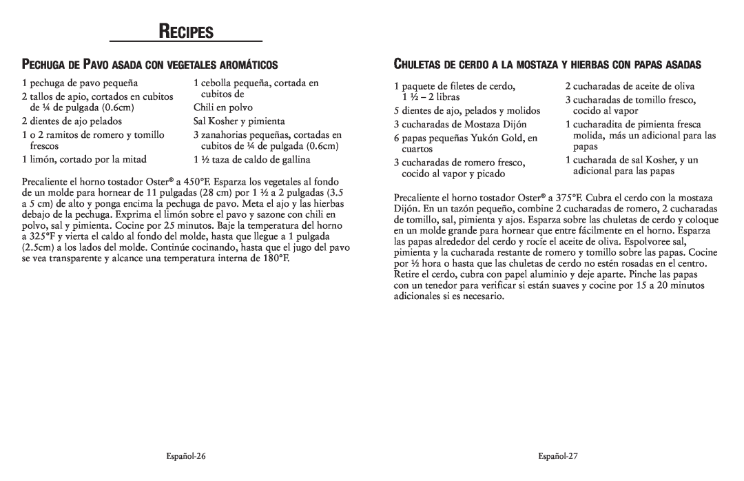 Oster 139214, SPR-050710, TSSTTVCAO1 user manual Pechuga de Pavo asada con vegetales aromáticos, Recipes 