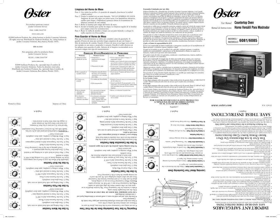 Oster 6085, SPR-063008, 6081, 129132 user manual Limpieza del Horno de Mesa, Para Guardar el Horno de Mesa 