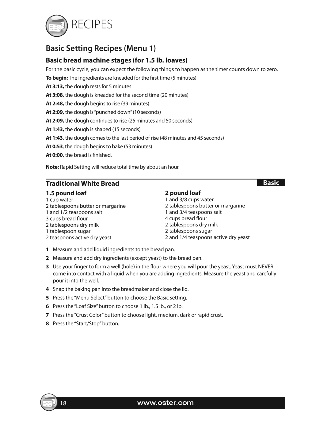 Oster SPR-063009 Basic Setting Recipes Menu, Basic bread machine stages for 1.5 lb. loaves, Traditional White Bread 