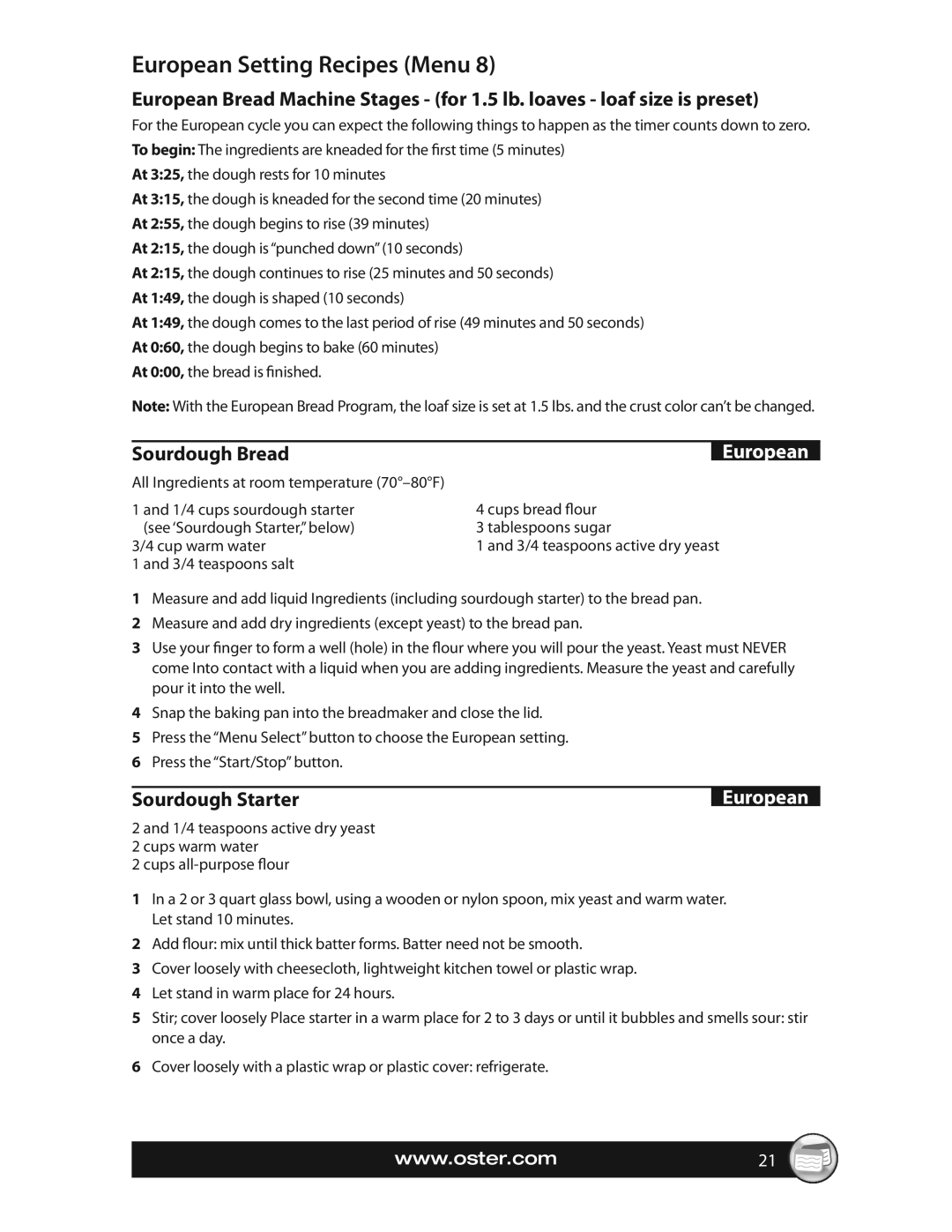 Oster CKSTBRTW20, SPR-063009 warranty European Setting Recipes Menu, Sourdough Bread, Sourdough Starter 