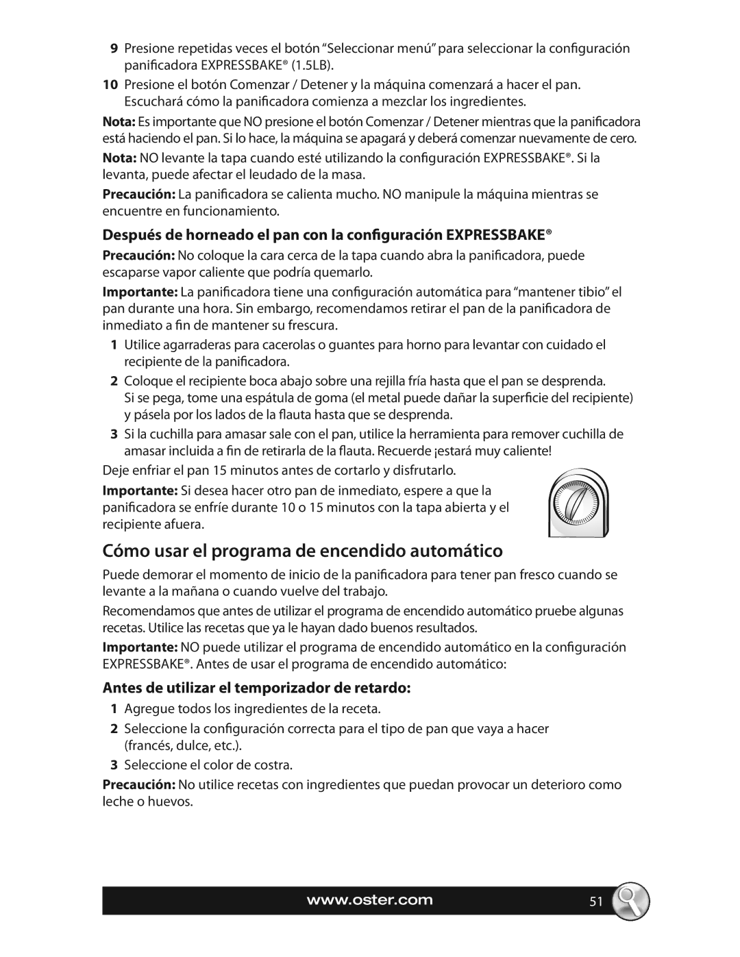 Oster CKSTBRTW20, SPR-063009 Cómo usar el programa de encendido automático, Antes de utilizar el temporizador de retardo 