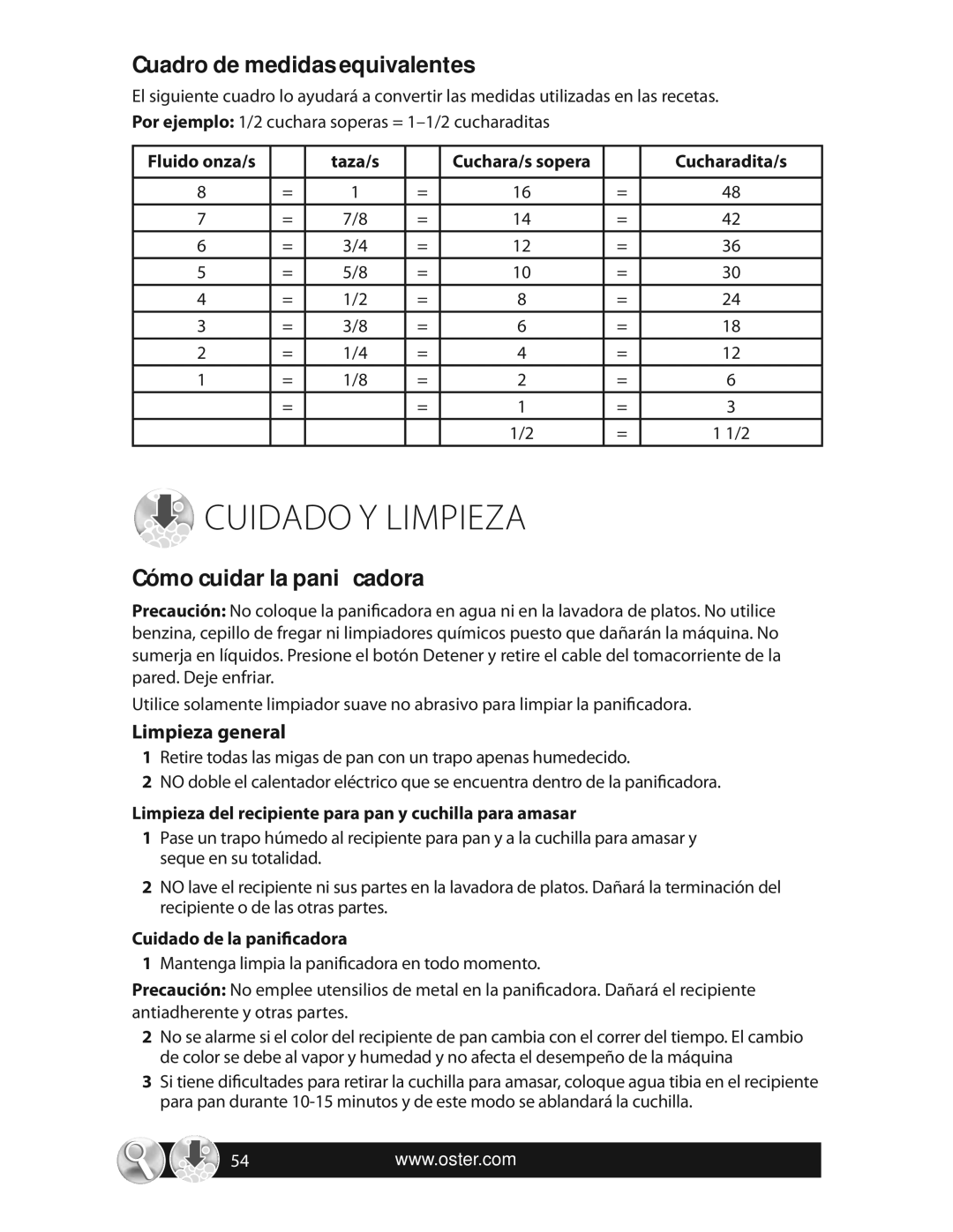 Oster SPR-063009 warranty Cuidado Y Limpieza, Cuadro de medidas equivalentes, Cómo cuidar la panificadora, Limpieza general 