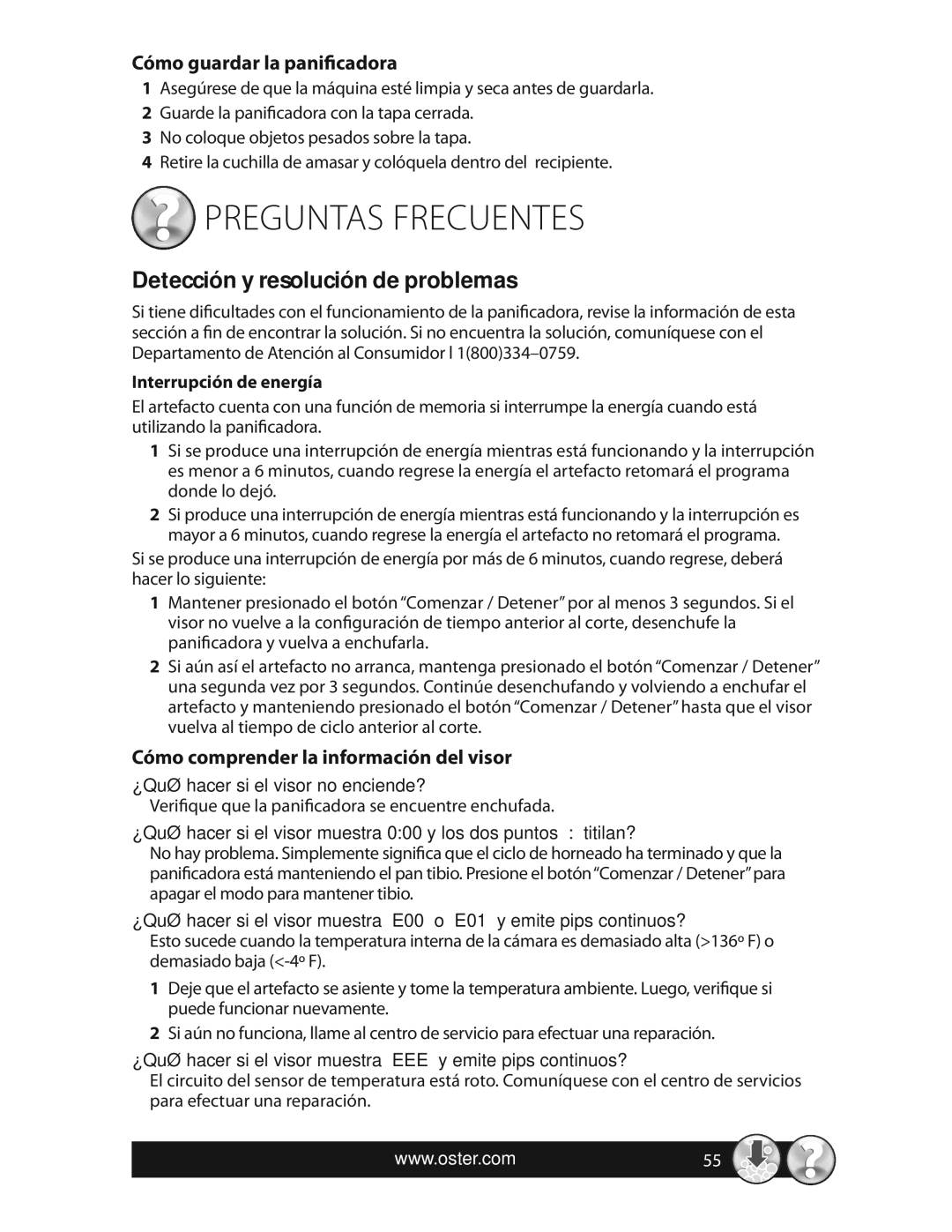 Oster CKSTBRTW20, SPR-063009 Preguntas Frecuentes, Detección y resolución de problemas, Cómo guardar la panificadora 