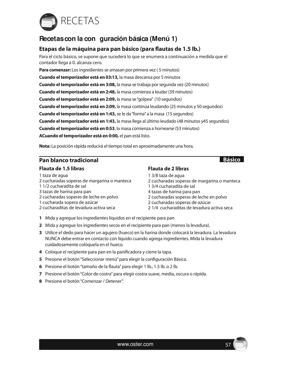 Oster CKSTBRTW20 Recetas con la configuración básica Menú, Etapas de la máquina para pan básico para flautas de 1.5 lb 