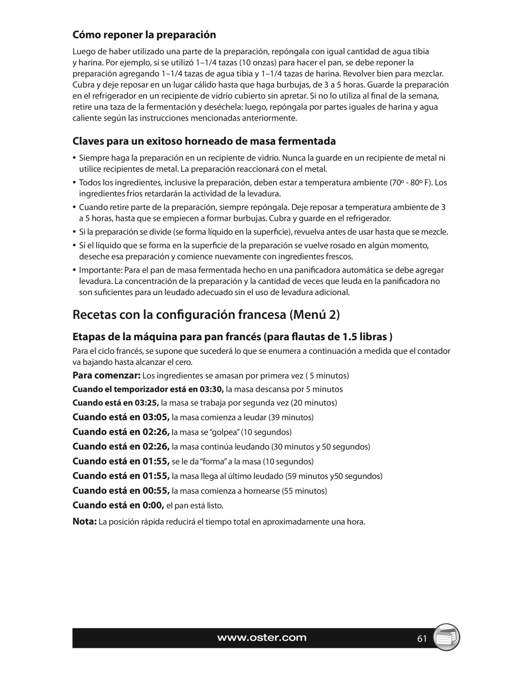 Oster CKSTBRTW20, SPR-063009 warranty Recetas con la configuración francesa Menú, Cómo reponer la preparación 